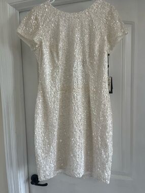NWT!!! Adrianna Papell ivory beaded sequin Short Sleeve Mini Dress size 14